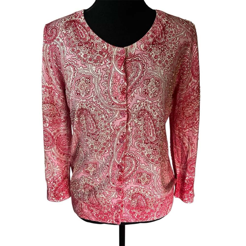 NWT Talbots Paisley Cardigan Sweater Beaded 3/4 Sleeve Sz M Cottagecore Cotton